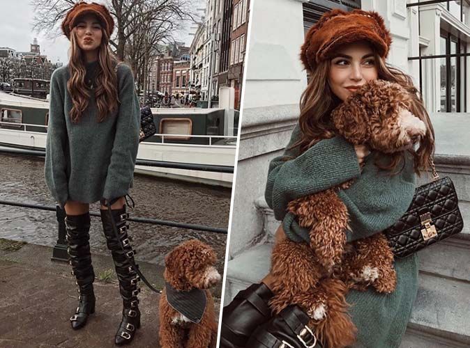 Negin Mirsalehi Robe Pull Et Cuissardes On Craque Pour Son Look Et Son Chien